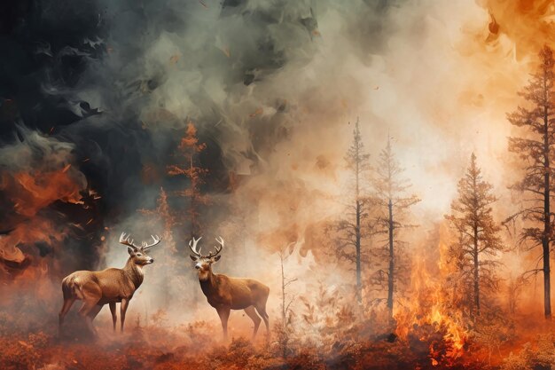 Un cerf se tient devant un incendie de forêt qui met en évidence la menace environnementale posée par les incendies de forêt