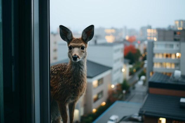 Photo un cerf se tient sur un rebord de fenêtre et regarde la ville