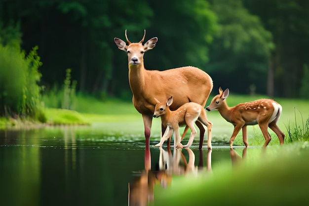 Photo un cerf avec ses deux faons debout dans un étang