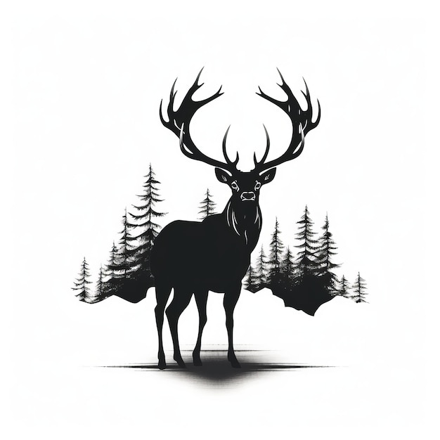 Un cerf silhouette avec des bois se tient devant une forêt