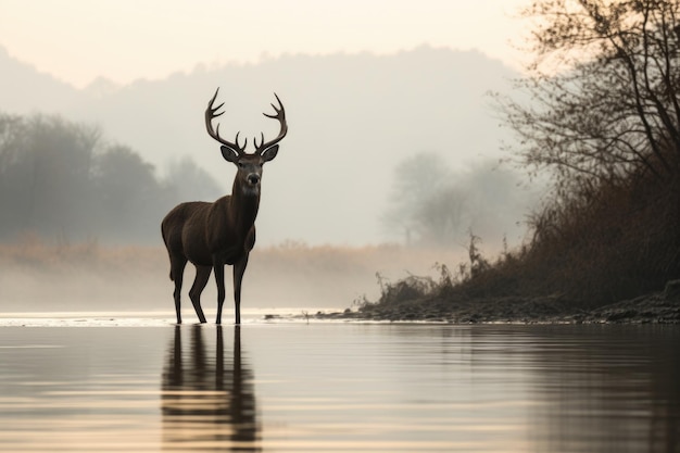 Un cerf solitaire debout majestueusement au milieu du brouillard matinal