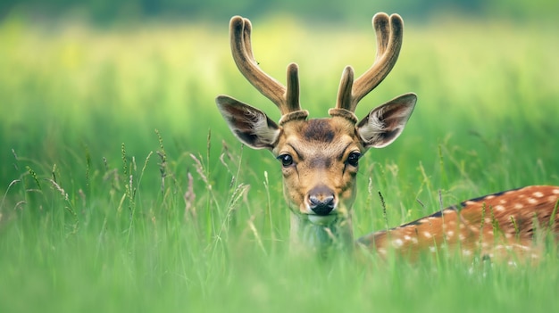 Photo un cerf tacheté avec des cornes de velours regardant à travers une prairie verte luxuriante