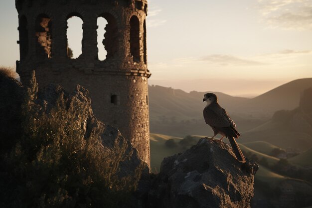 Un cerf-volant brillant perché au sommet d'une tour de château en ruine surveillant son domaine.