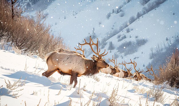 Des cerfs dans la neige contre le ciel et les montagnes Un troupeau de cerfs sauvages