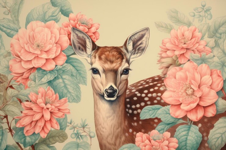 Photo des cerfs dessinant des fleurs, de la faune