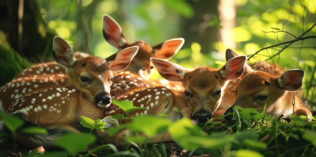 Photo des cerfs à fourrure se reposent dans une vallée ensoleillée entourée d'un feuillage vert.