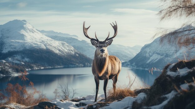 Des cerfs qui marchent dans la forêt dans le brouillard