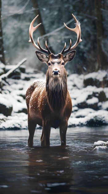 Des cerfs sur une rivière de neige