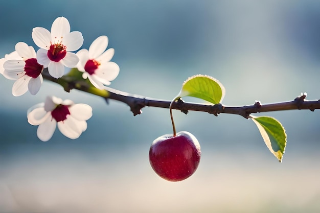 Photo une cerise sur une branche avec le soleil derrière