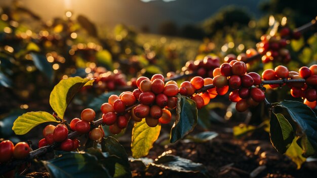 Cerise de café fraîche sur la branche Arbre de café à la lumière chaude