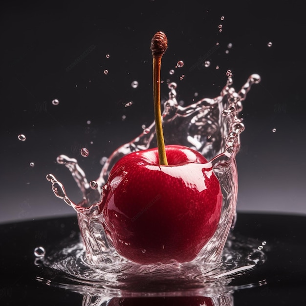 Une cerise éclabousse dans l'eau et elle éclabousse.