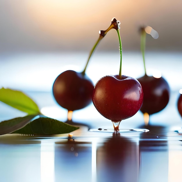 Une cerise est sur une branche avec des gouttes d'eau