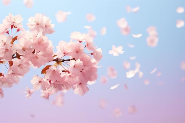 Une cerise en fleurs avec des pétales tombant doucement contre un ciel pastel doux avec un espace de copie