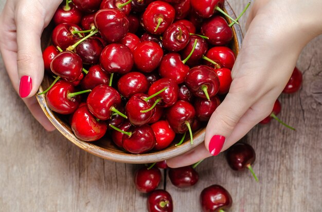 Cerise fraîche sur bois.