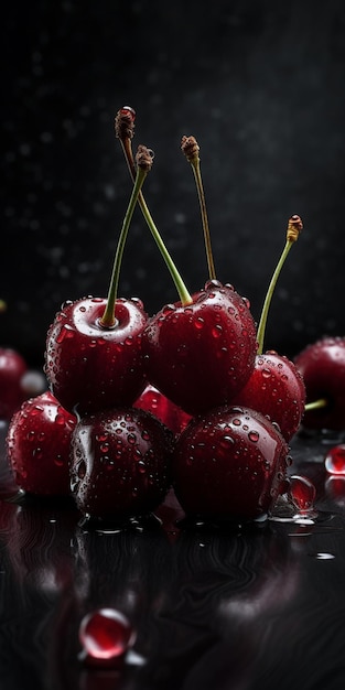 Cerise avec des gouttes d'eau sur fond sombre