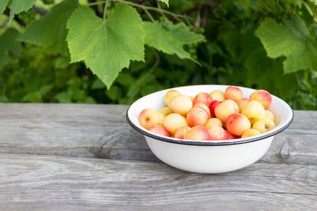 Cerise jaune dans un bol blanc sur une surface en bois Concept d'été