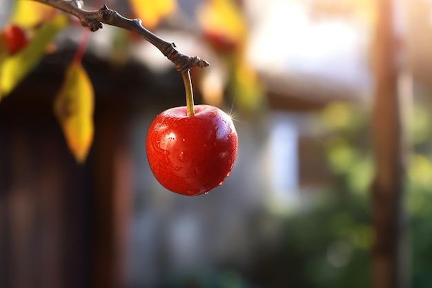 Une cerise mûre accrochée à une branche