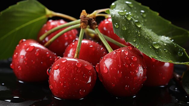 Photo une cerise mûre et juteuse sur un fond sombre