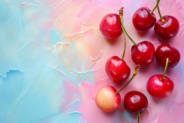 Cerise rouge sur un fond d'été vibrant avec un espace de copie pour le texte Close Up cerises rouges mûres