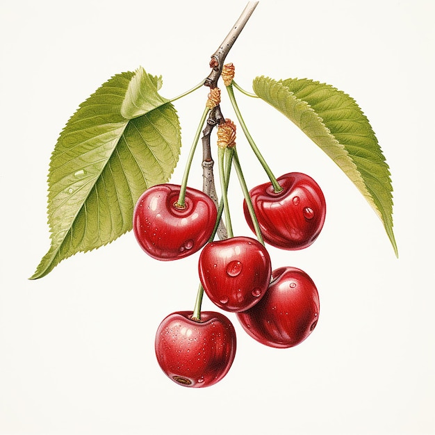 Photo des cerises aigres élégantes avec des feuilles sur un fond blanc