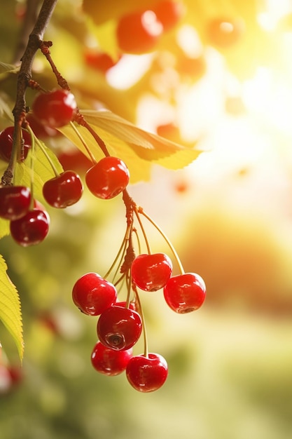 Cerises sur un arbre avec le soleil qui brille dessus