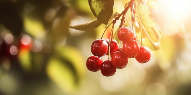 Cerises sur un arbre avec le soleil qui brille dessus