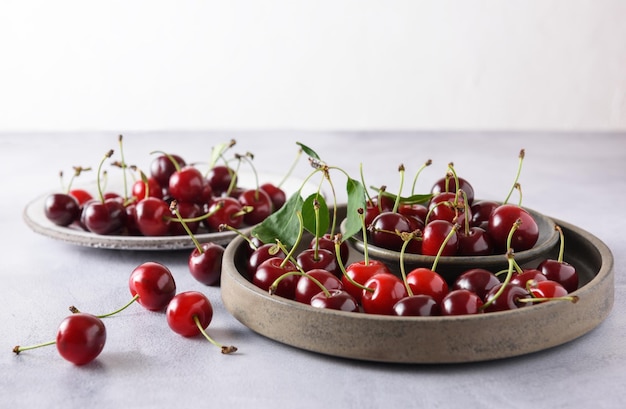 Cerises biologiques fraîches dans deux assiettes en céramique grises sur fond gris clair