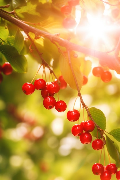 Cerises sur une branche d'arbre avec le soleil qui brille dessus.