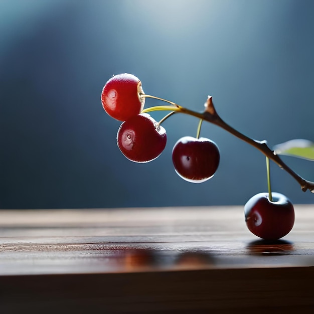 Cerises sur une branche avec une qui porte le mot cerise dessus.