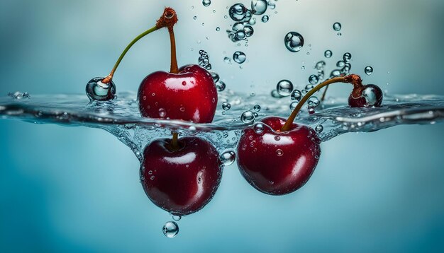 cerises dans l'eau avec des bulles et un fond bleu