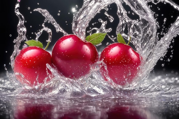 Cerises dans une éclaboussure d'eau