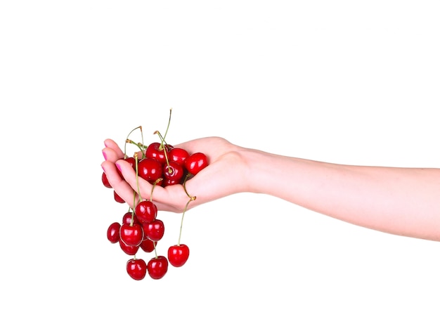 Cerises dans une main féminine sur fond blanc