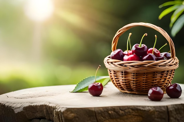 Cerises dans un panier sur une table au soleil