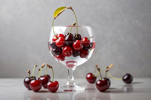 cerises dans un verre de vin vue latérale sur blanc et gris