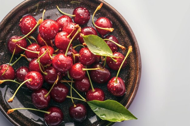 Des cerises douces sur une assiette avec des feuilles ornées de gouttelettes