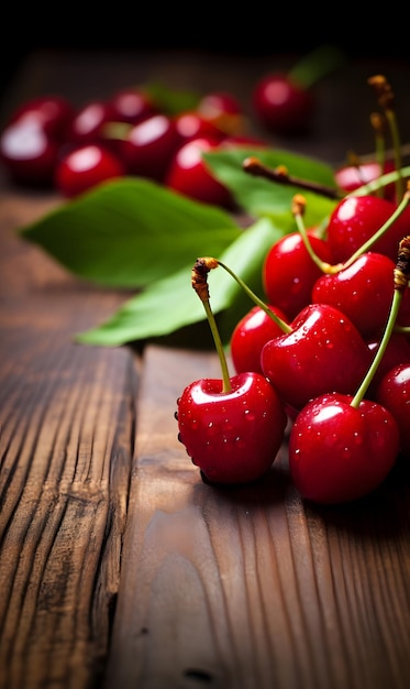 Cerises douces avec gouttes d'eau sur une table en bois