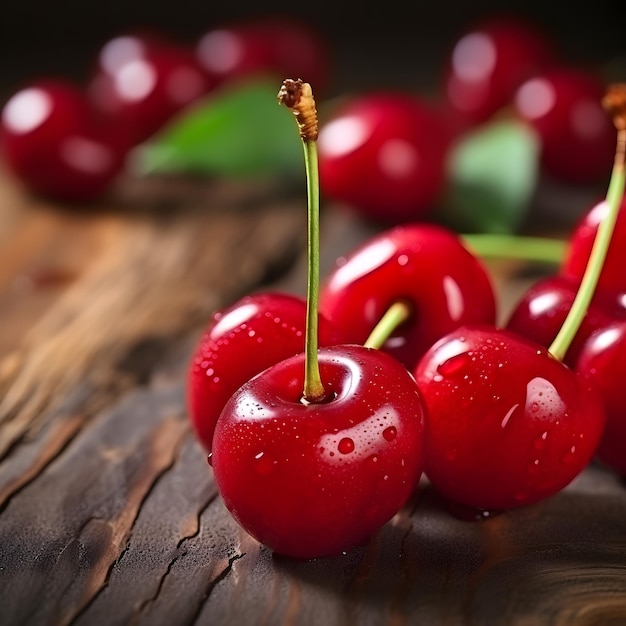 Cerises douces avec gouttes d'eau sur une table en bois