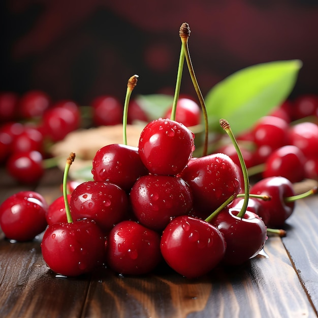 Cerises douces avec gouttes d'eau sur une table en bois