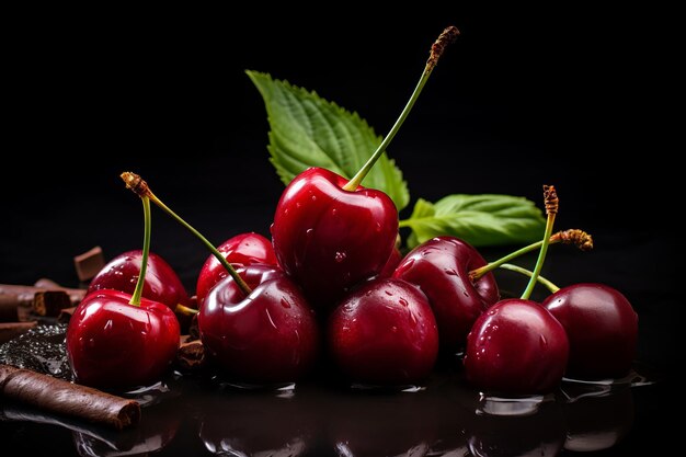 Des cerises sur du chocolat fondu avec des feuilles de menthe en arrière-plan avec un fond noir