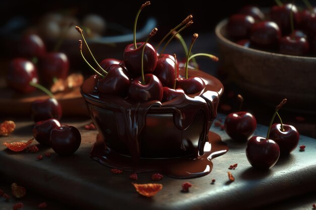 des cerises avec du chocolat qui coule du pot