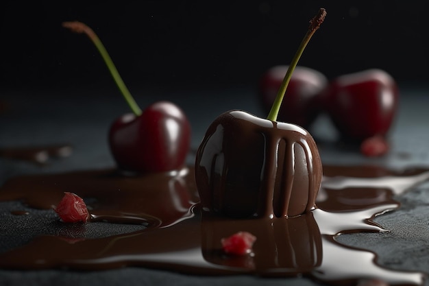 Cerises enrobées de chocolat avec du chocolat sur fond noir