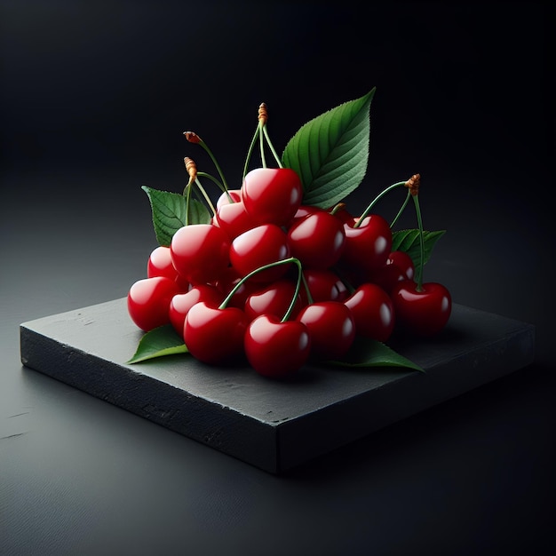 Des cerises éparpillées sur une surface noire avec un fond sombre