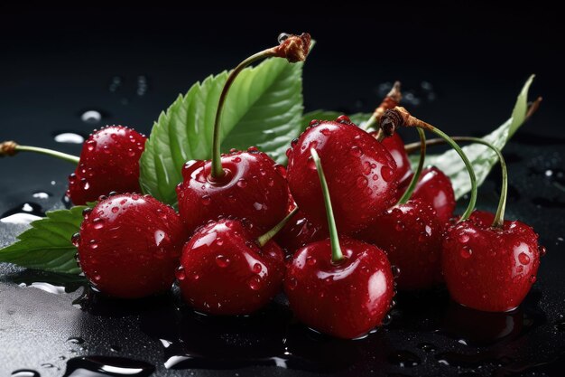 Cerises sur fond noir avec des gouttes d'eau