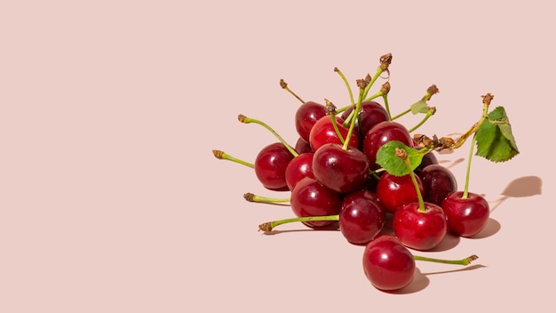 Cerises sur fond rose espace de copie isolé maquette