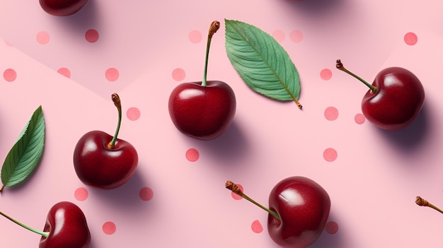 Cerises sur fond rose avec une feuille verte