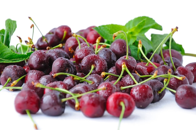 Cerises fraîches dans les gouttelettes d'eau sur fond blanc