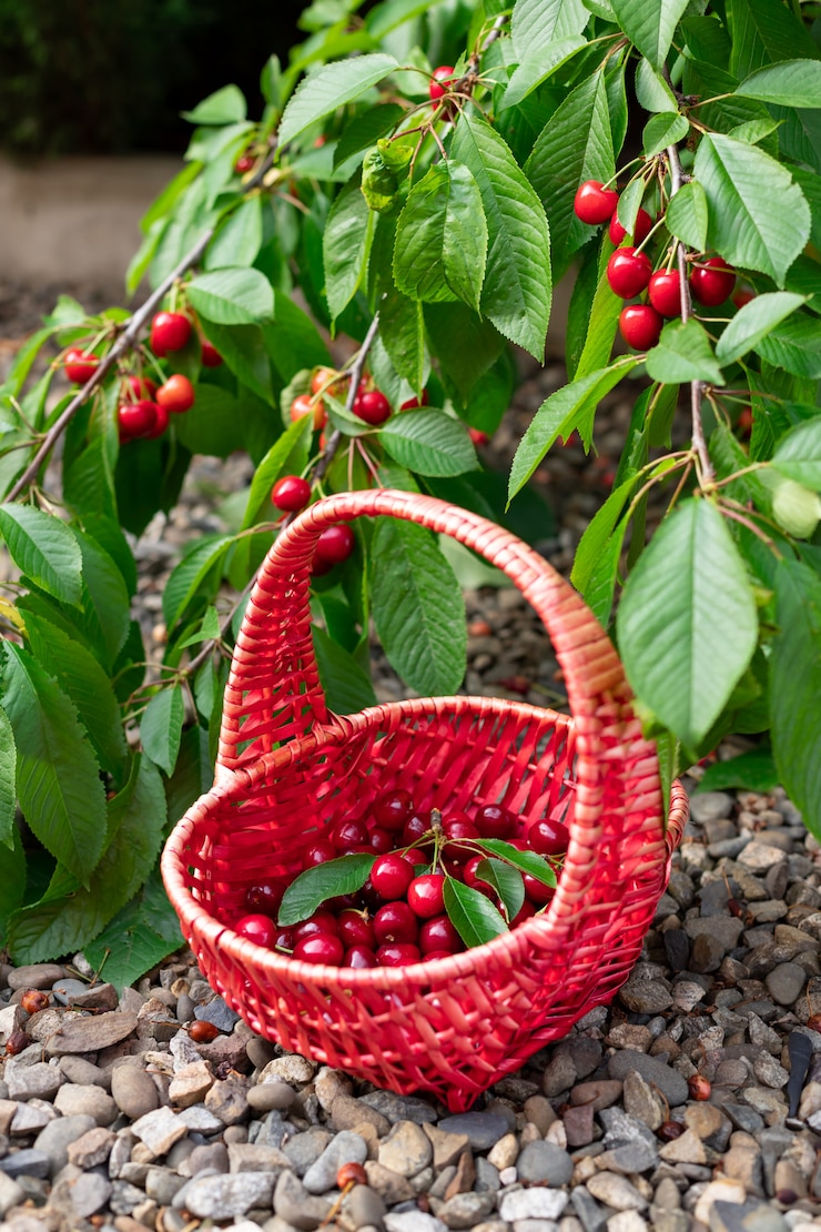 Cerises fraîches dans un panier en osier