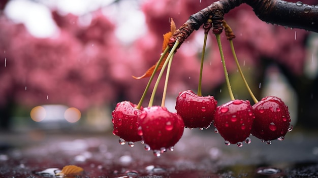 Photo cerises fraîches encore sur l'arbre