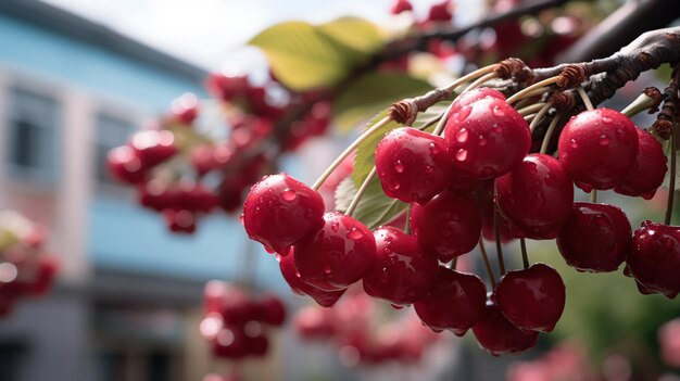 Photo cerises fraîches encore sur l'arbre