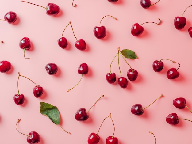 Cerises fraîches éparpillées sur fond rose